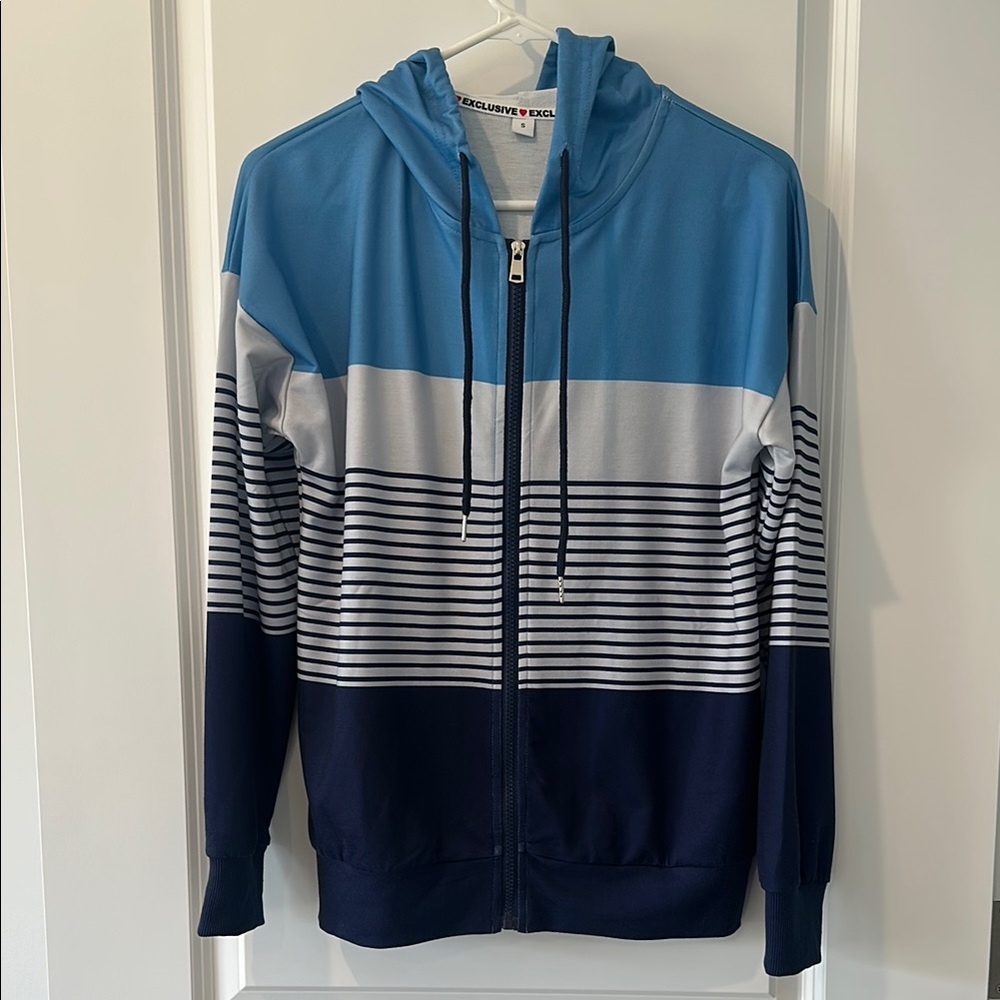Blue and White Striped Womens Zip up